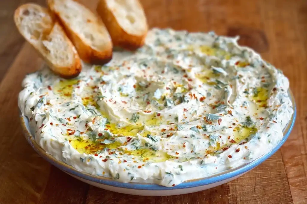 A bowl of creamy whipped feta dip swirled with herbs, drizzled with olive oil, and served with toasted baguette slices.