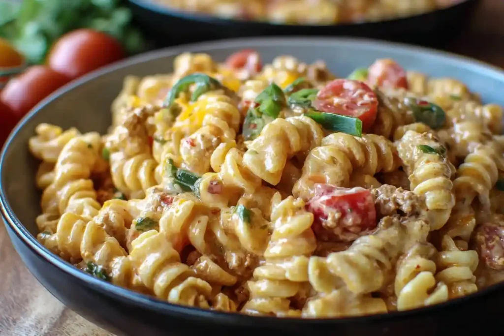 A close-up of a delicious bowl of creamy taco pasta with rotini, ground beef, tomatoes, and jalapeños.