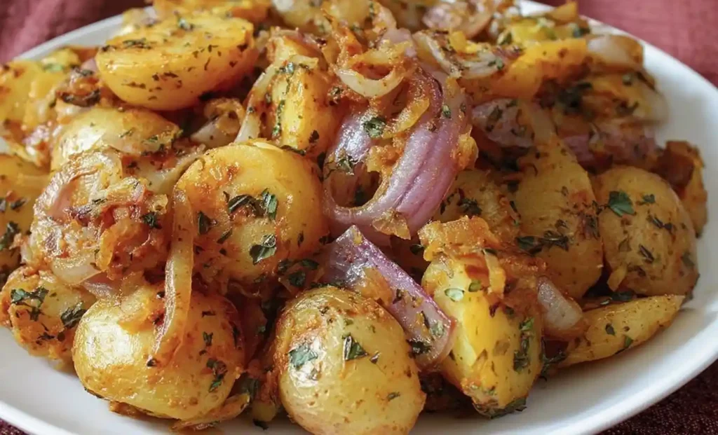 A close-up shot of a white plate filled with roasted Lipton Onion Potatoes and sliced red onions, garnished with fresh herbs.