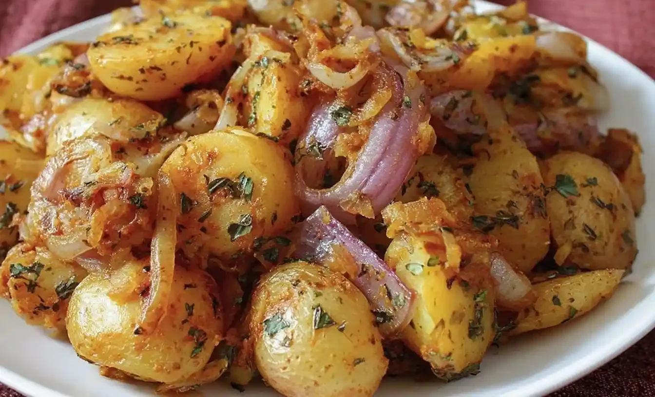 A close-up shot of a white plate filled with roasted Lipton Onion Potatoes and sliced red onions, garnished with fresh herbs.