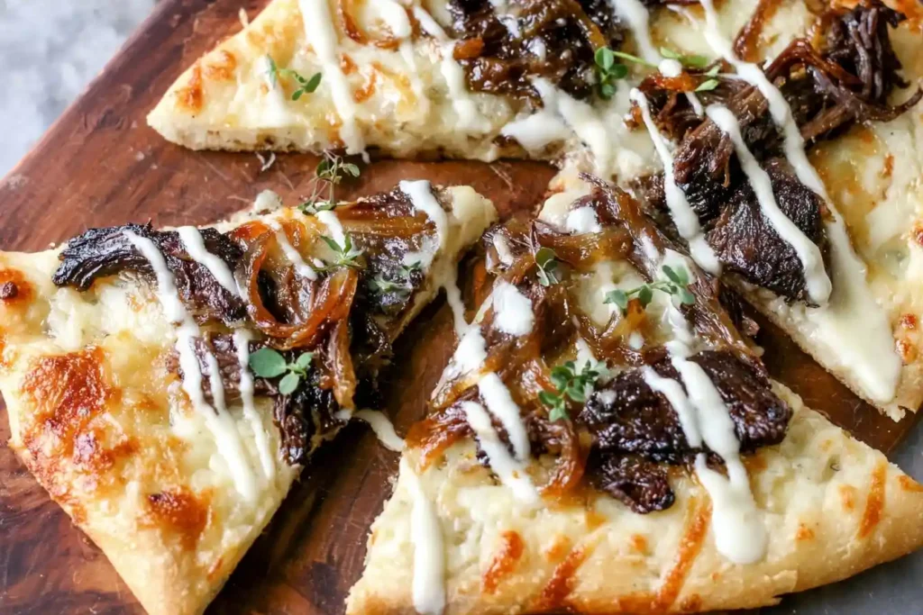 A close-up of a sliced Short Rib Flatbread with caramelized onions, melted cheese, and a creamy drizzle on a wooden board.