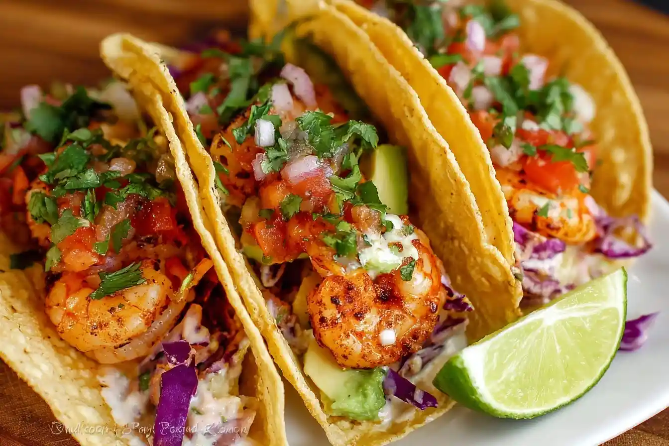 A close-up of three crispy shrimp tacos filled with grilled shrimp, slaw, and pico de gallo, with a lime wedge on the side.