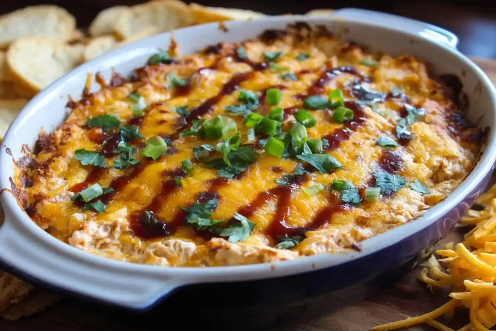 A close-up of a hot and cheesy BBQ Chicken Dip in an oval baking dish, topped with BBQ sauce and fresh green onions.