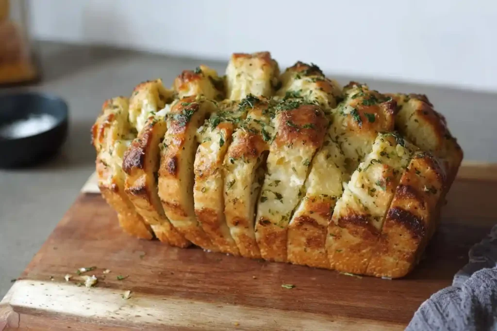 A golden-baked loaf of pull-apart garlic bread, topped with fresh herbs and sitting on a wooden cutting board.