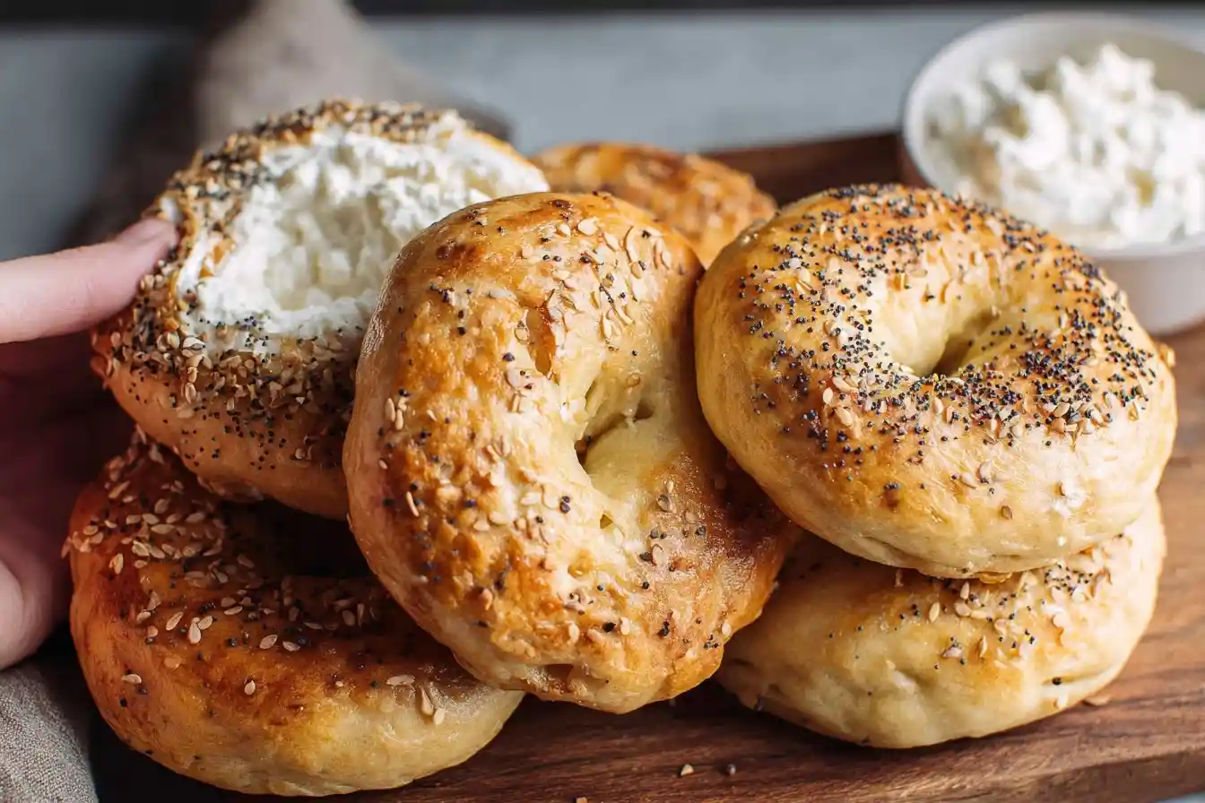 A pile of fresh, warm homemade bagels with various toppings, with one cut open and spread with cream cheese.