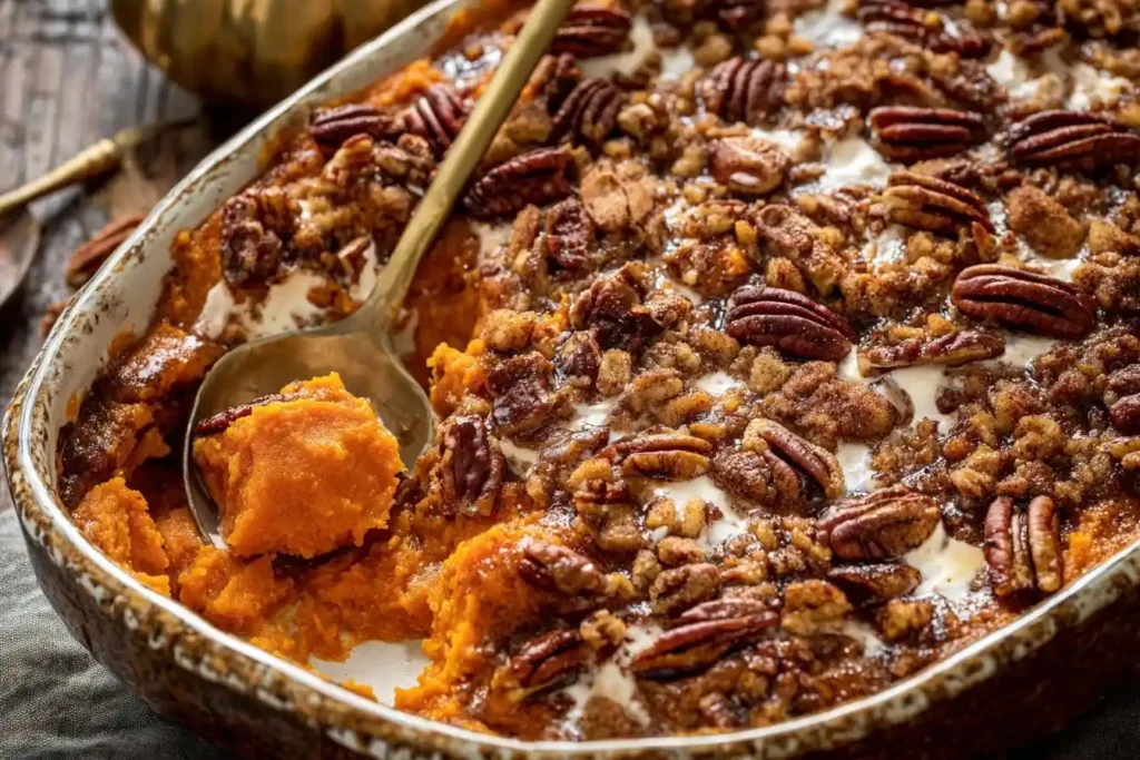 A spoon scooping creamy sweet potato casserole from a baking dish, topped with a crunchy pecan and brown sugar streusel.