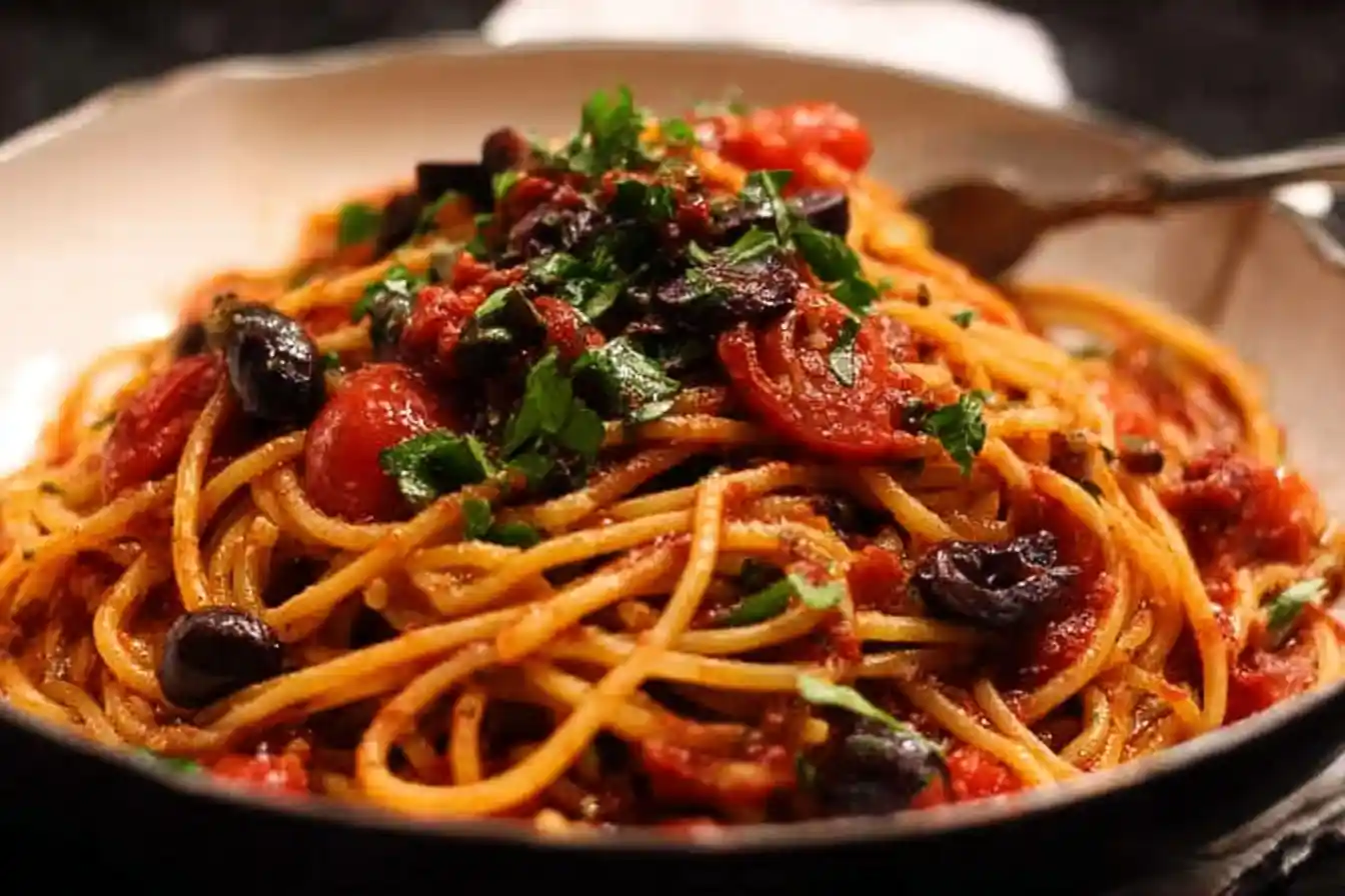 A delicious bowl of spaghetti alla puttanesca, generously topped with black olives, cherry tomatoes, and fresh parsley.