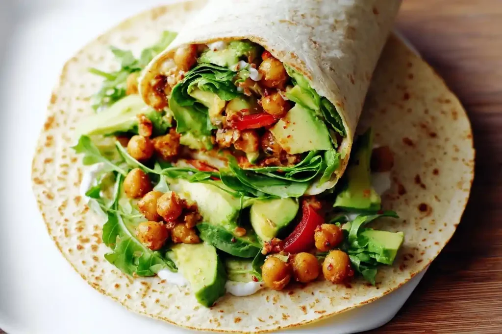 A close-up of a delicious chickpea wrap filled with fresh avocado, arugula, and a creamy sauce on a white plate.