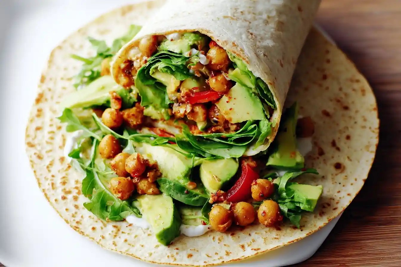 A close-up of a delicious chickpea wrap filled with fresh avocado, arugula, and a creamy sauce on a white plate.
