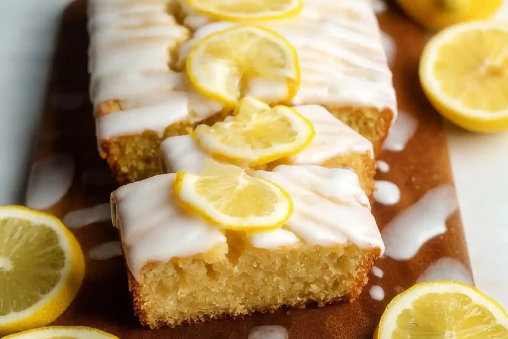 A sliced lemon loaf cake with a thick white glaze and fresh lemon slices on top, sitting on a wooden board.