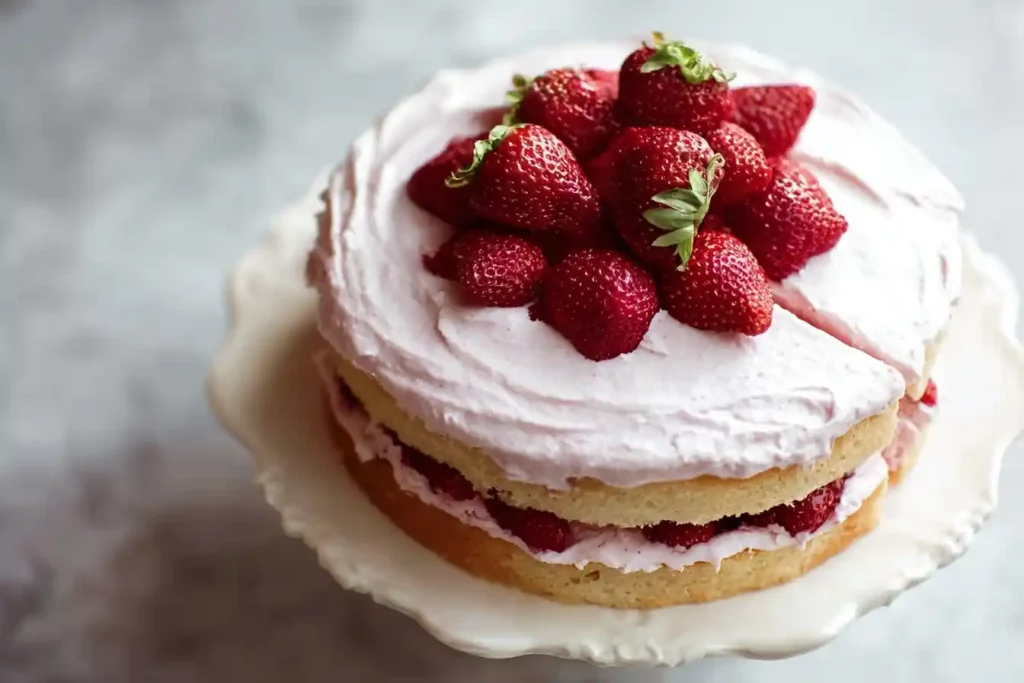 A two-layer strawberry shortcake cake with pink frosting and fresh strawberries on a white cake stand, with one slice cut.