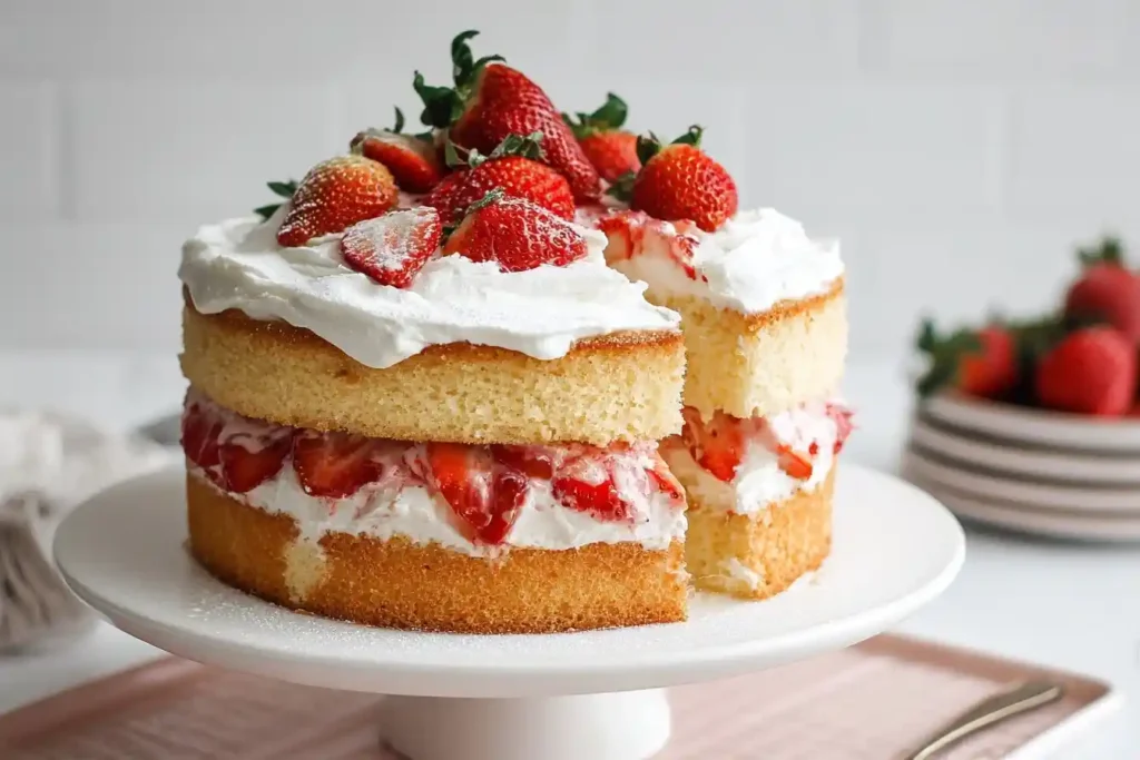 A two-layer strawberry shortcake cake on a white cake stand, with a slice cut out revealing fresh strawberries and cream filling.