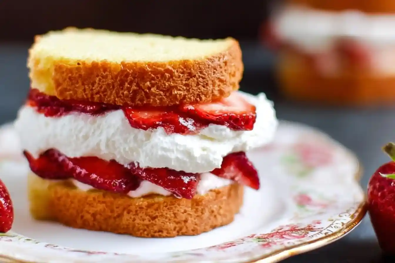 A delicious individual strawberry shortcake layered with fresh whipped cream and sliced strawberries on a vintage floral plate.