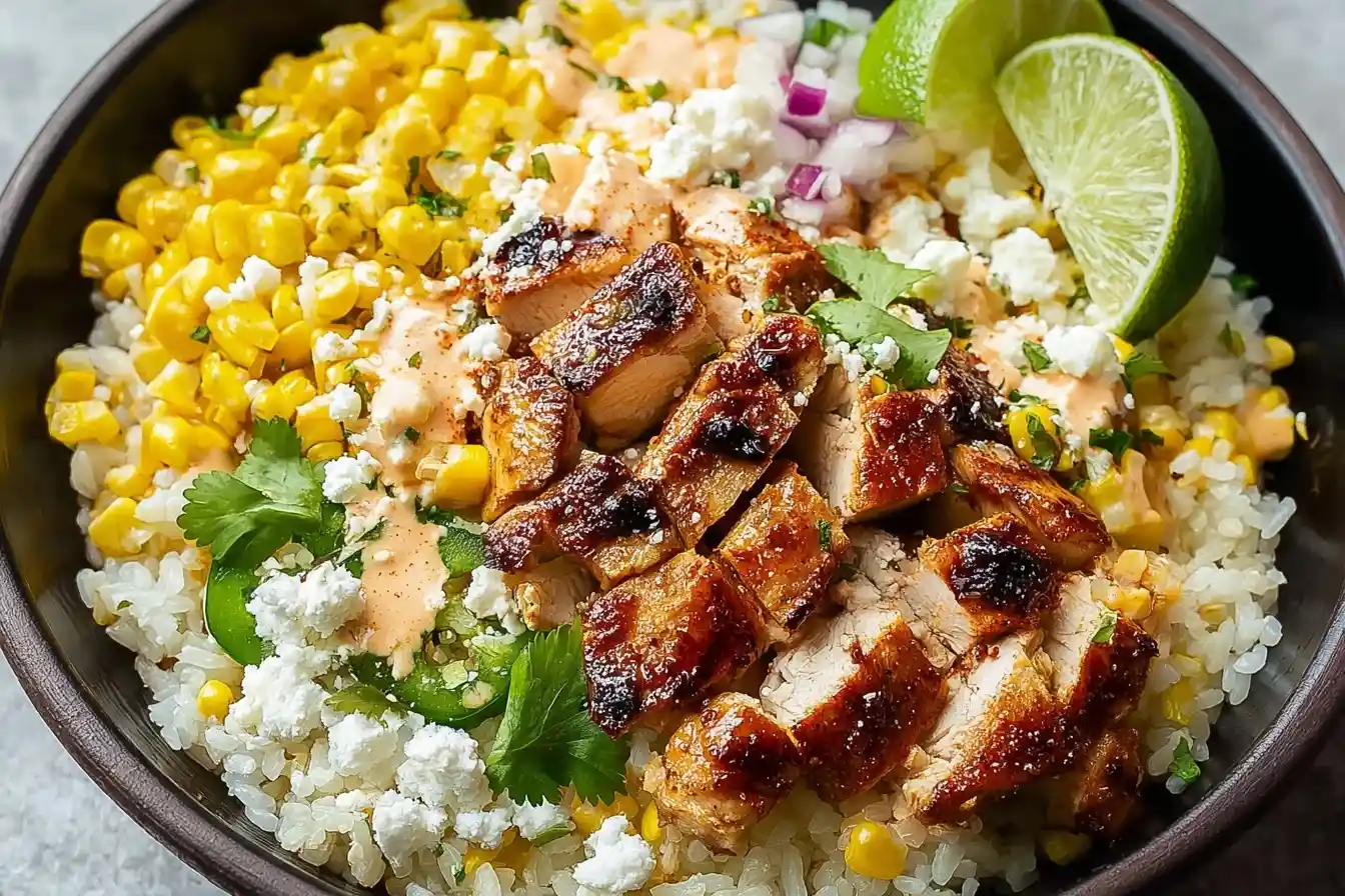 A close-up of a vibrant chicken elote bowl, featuring grilled chicken, corn, cotija cheese, and cilantro over a bed of rice.