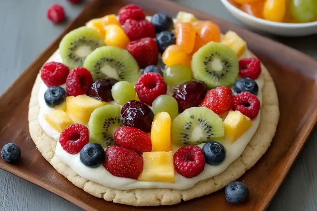A colorful fruit pizza on a sugar cookie crust, topped with cream cheese frosting, kiwi, berries, and mandarin oranges.