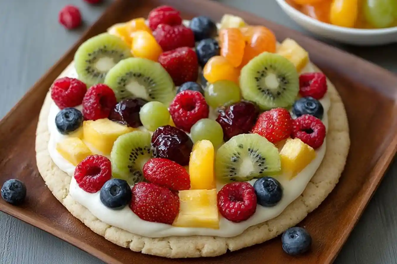 A colorful fruit pizza on a sugar cookie crust, topped with cream cheese frosting, kiwi, berries, and mandarin oranges.
