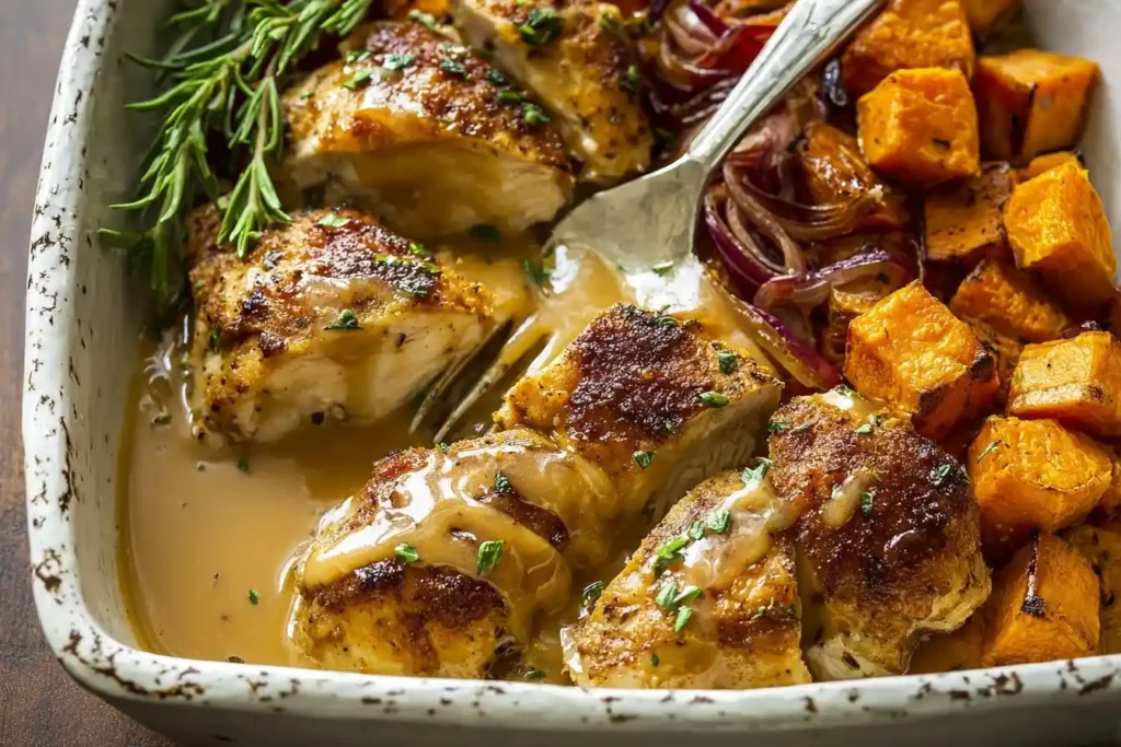 Sliced maple mustard chicken with roasted sweet potatoes and gravy served in a rustic baking dish with a fork.