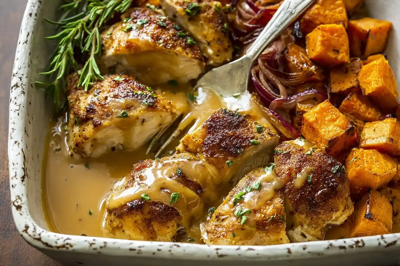 Sliced maple mustard chicken with roasted sweet potatoes and gravy served in a rustic baking dish with a fork.