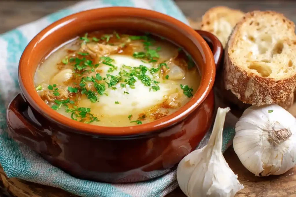 A rustic brown bowl of traditional garlic soup with a poached egg, garnished with parsley and served with crusty bread.