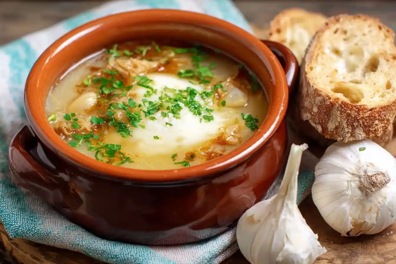 A rustic brown bowl of traditional garlic soup with a poached egg, garnished with parsley and served with crusty bread.