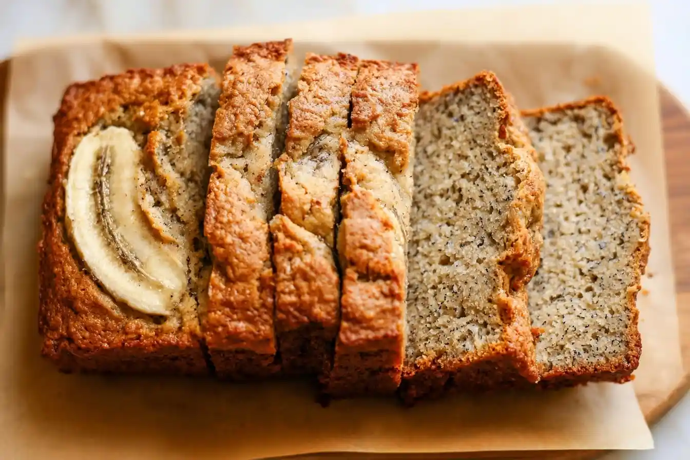 A close-up of a sliced loaf of moist banana bread topped with a baked banana, resting on parchment paper.