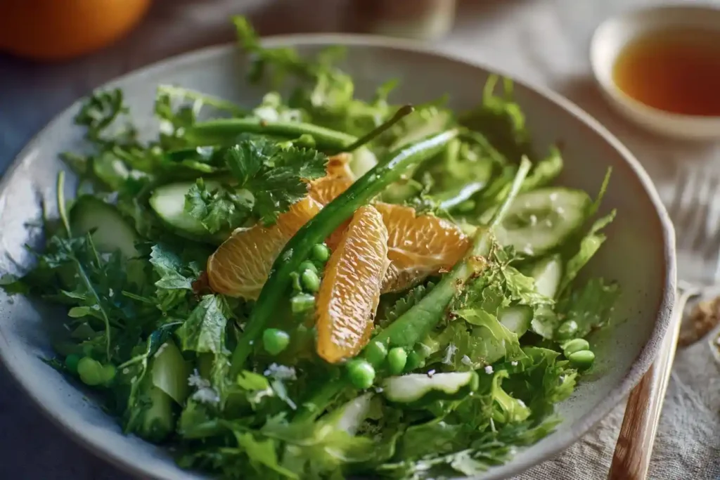 A close-up of a vibrant Asian Mandarin Orange Salad in a grey bowl, featuring fresh greens, peas, and cucumber slices.