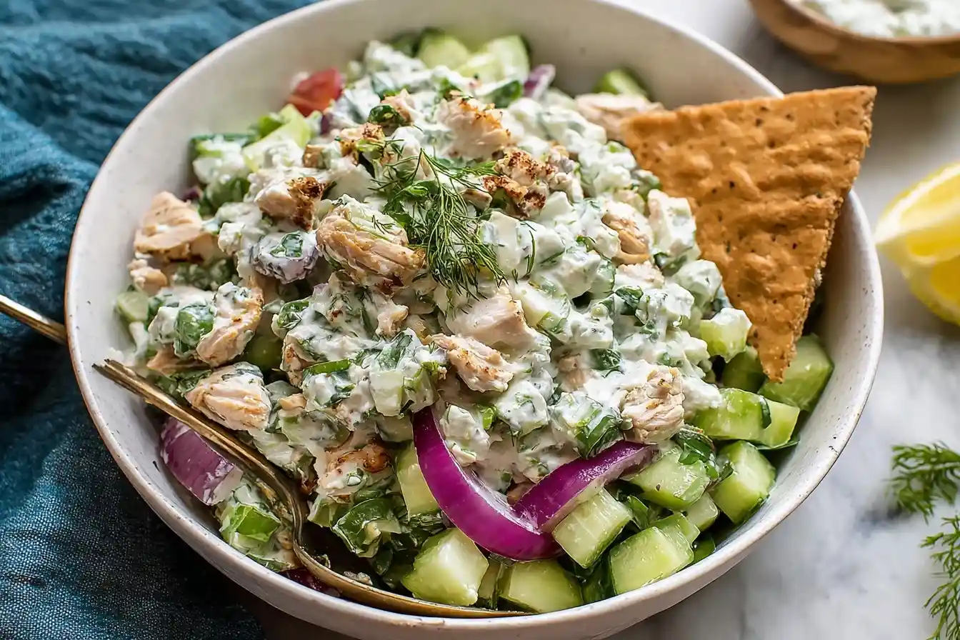 A close-up of a delicious {{ $('Fetch Recipe Data').first().json["Main Keyword"] }} in a white bowl, served with a cracker and a lemon wedge.