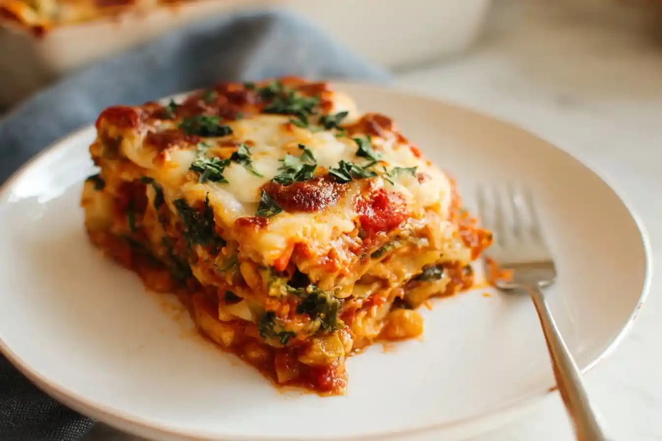 A delicious-looking slice of homemade vegetable lasagna on a white plate with a fork, ready to be eaten.
