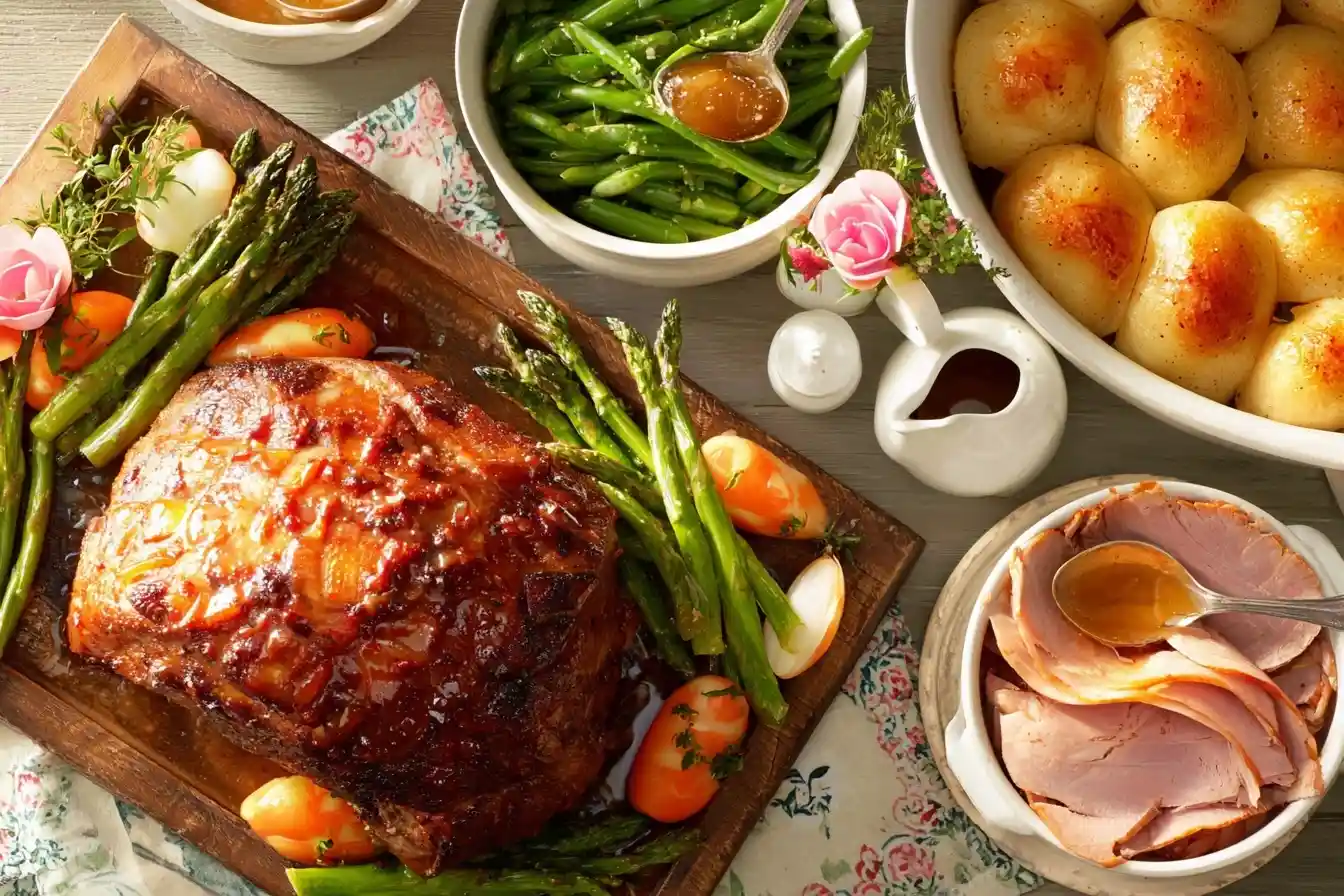 Golden glazed roast pork loin on a wooden board with asparagus, roast potatoes, and green beans.