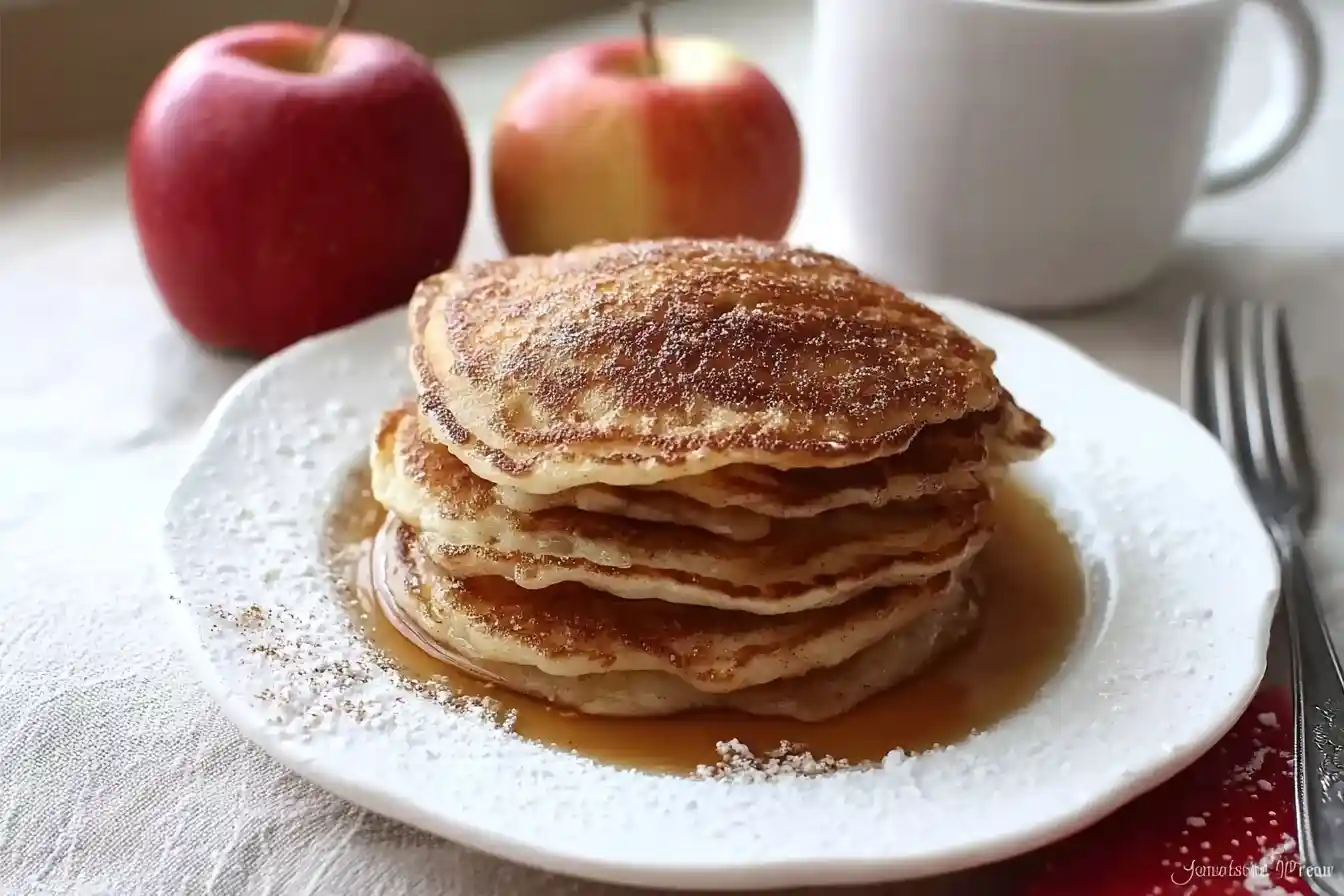 A delicious stack of fluffy apple cinnamon pancakes on a white plate, dusted with cinnamon and served with fresh apples.