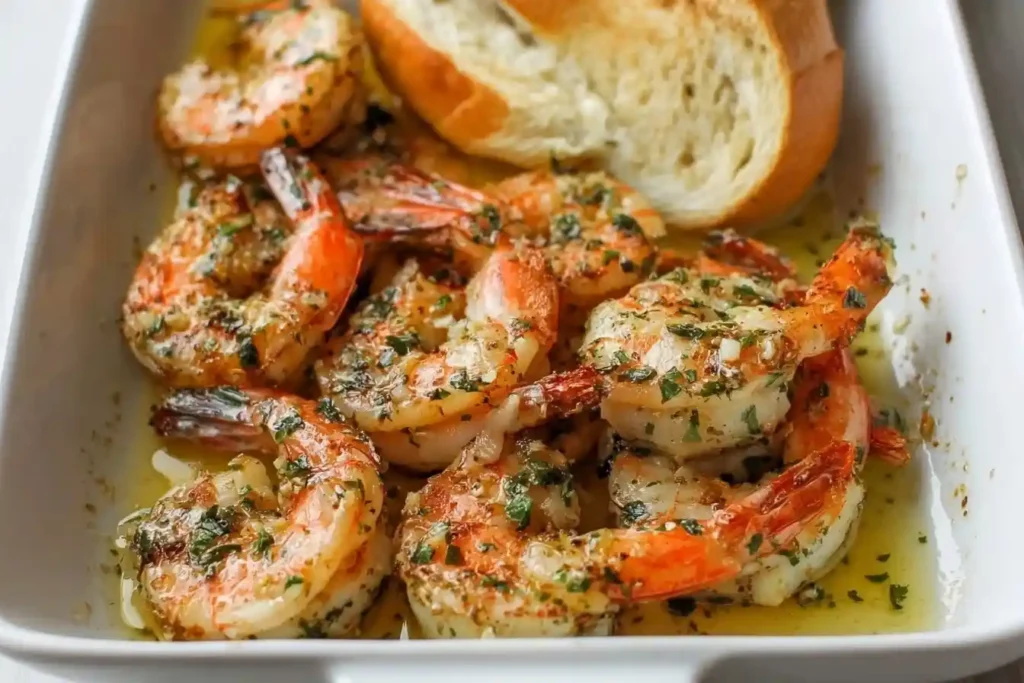 A white dish of delicious Shrimp Scampi sautéed in garlic butter sauce with parsley and served with a side of crusty bread.