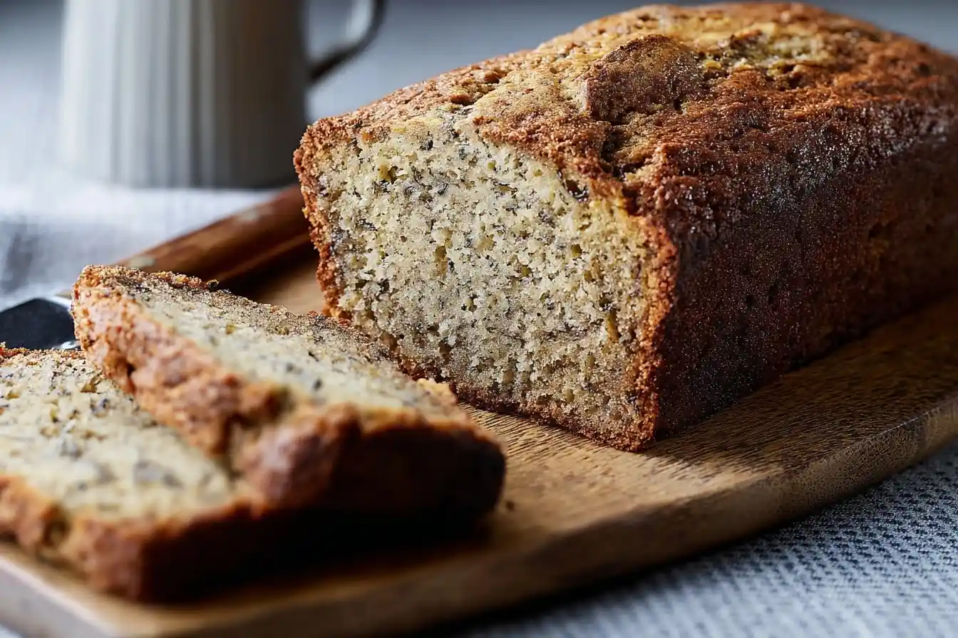 A freshly baked loaf of banana bread, partially sliced, served on a rustic wooden cutting board.