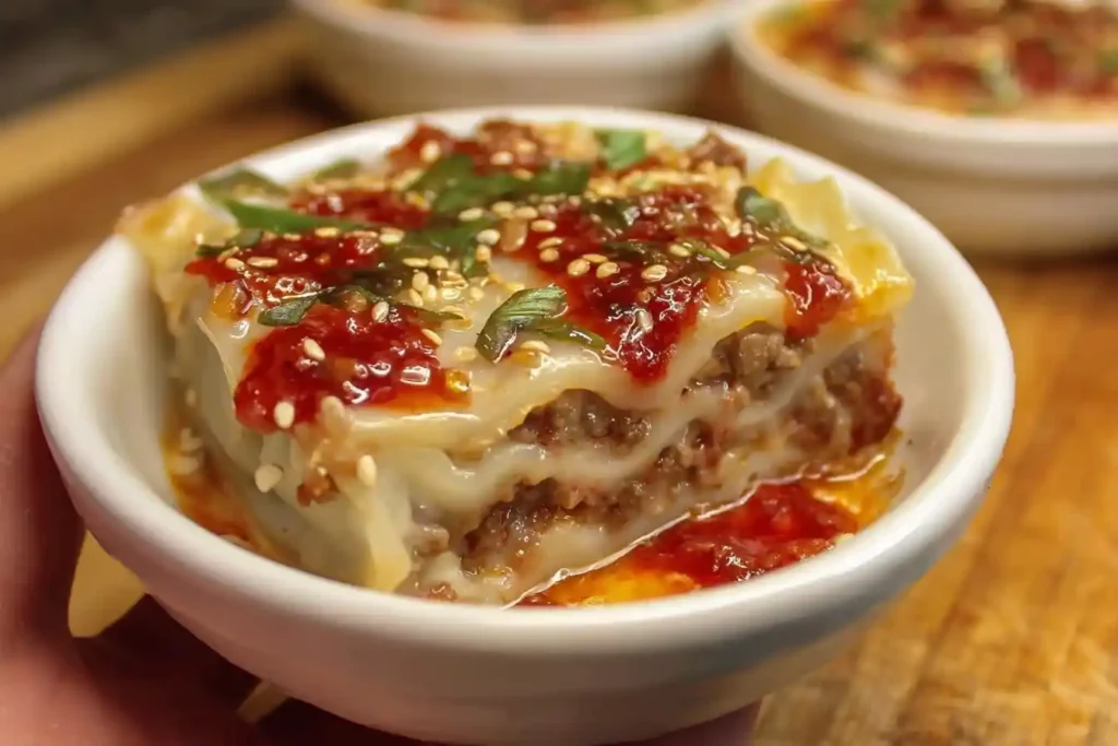Close-up of spicy Wonton Lasagna in a white bowl topped with chili oil, sesame seeds, and green onions.