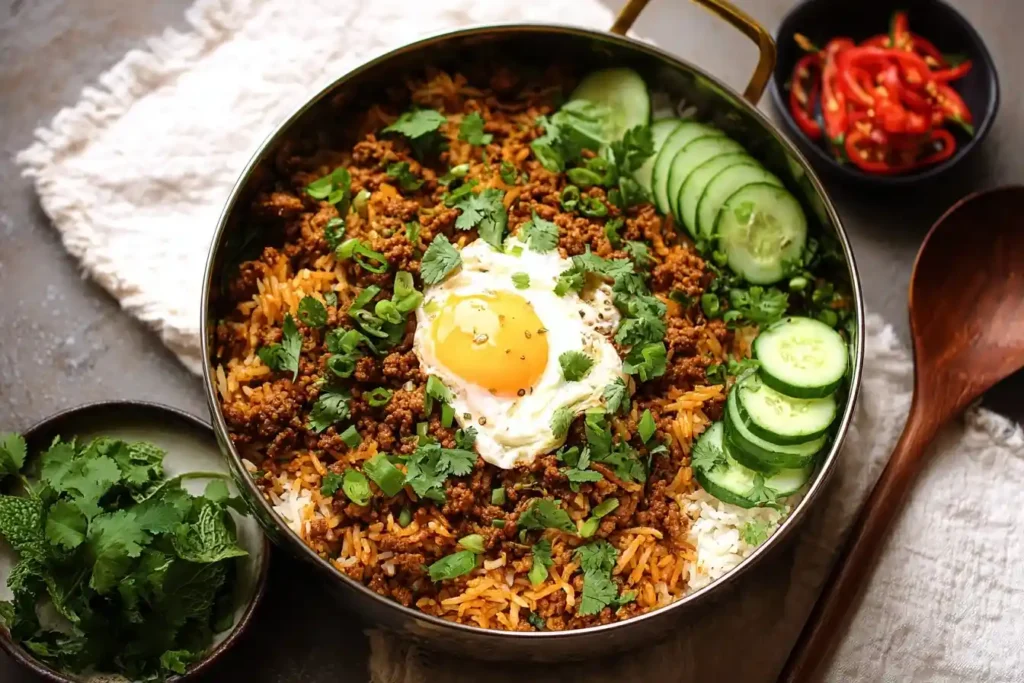 Overhead view of a savory Korean Ground Beef Bowl served with rice, a fried egg, and sliced cucumbers.