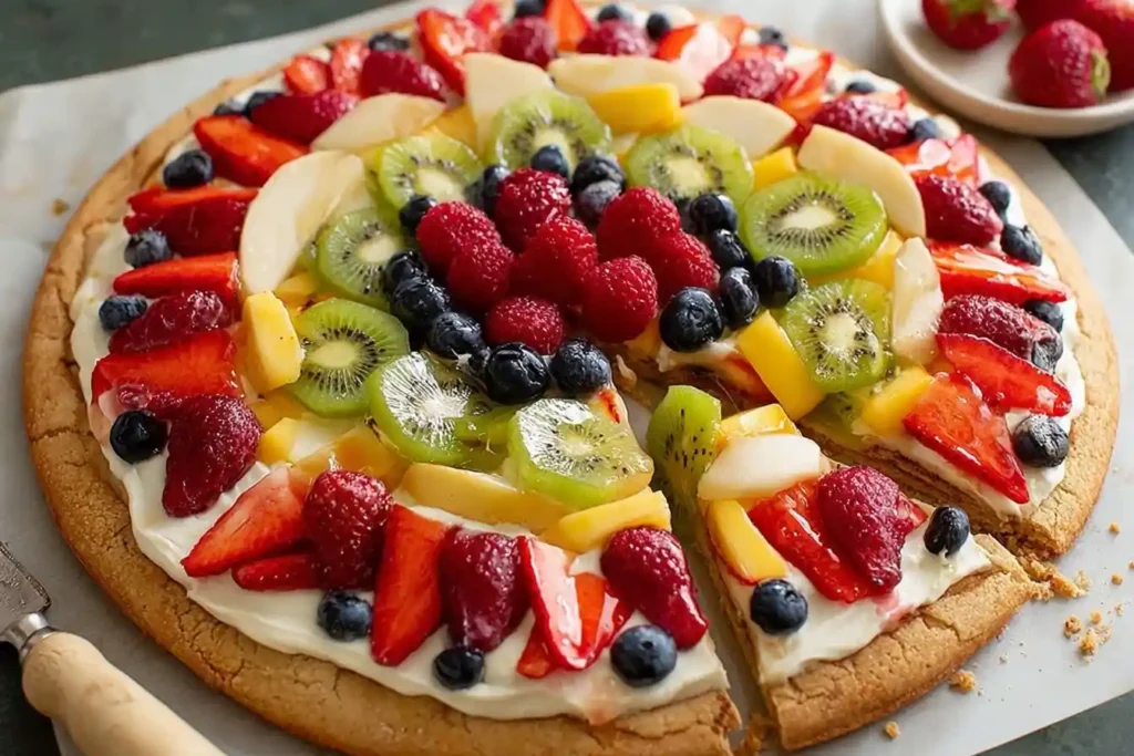 A beautiful fruit pizza on a cookie crust, topped with cream cheese frosting, sliced kiwi, strawberries, blueberries, and raspberries.