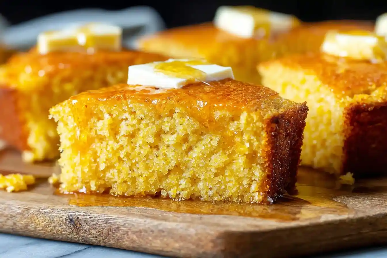 A close-up of a golden slice from a moist cornbread recipe, topped with melting butter and a generous drizzle of honey.