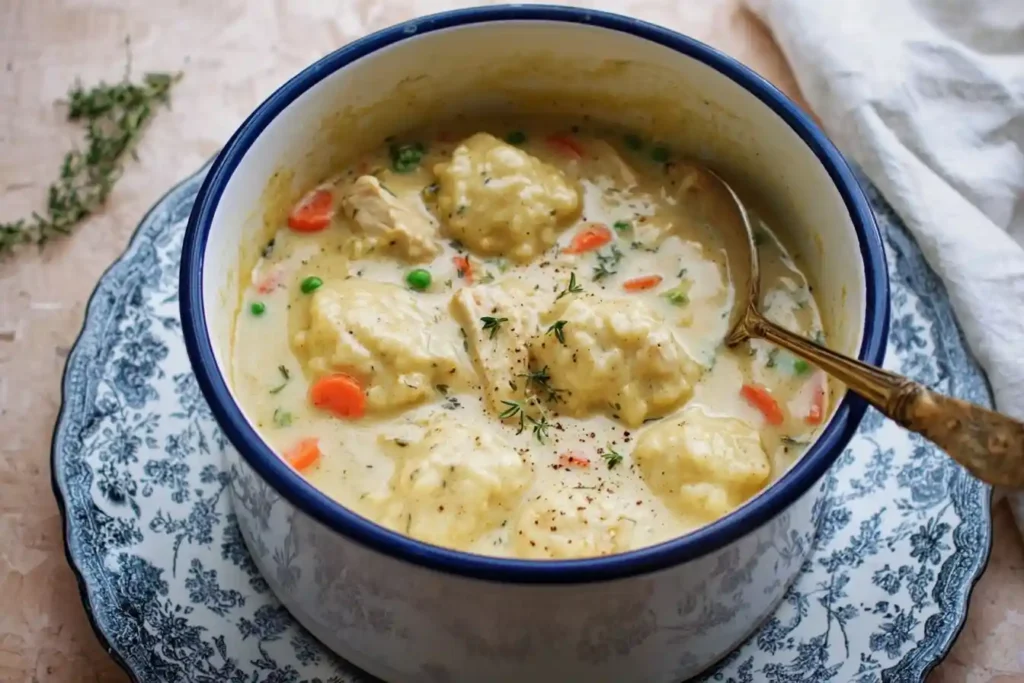 A cozy bowl of creamy homemade chicken and dumplings with carrots, peas, and a garnish of fresh thyme.