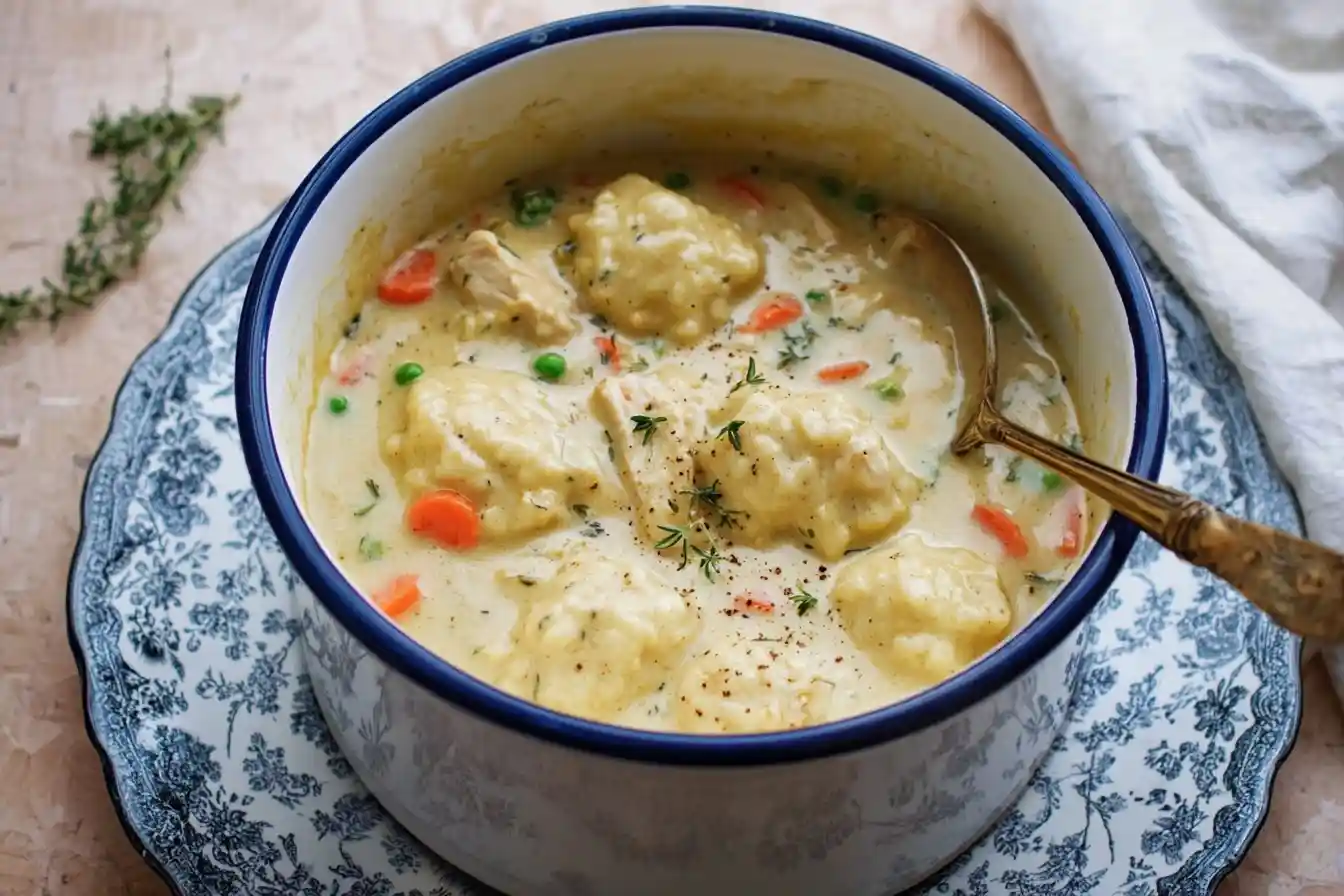 A cozy bowl of creamy homemade chicken and dumplings with carrots, peas, and a garnish of fresh thyme.