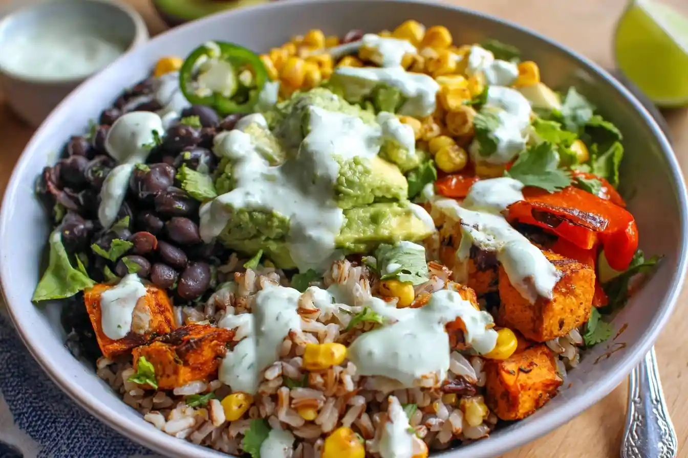 Healthy Sweet Potato Burrito Bowl with black beans, corn, rice, avocado, and creamy dressing