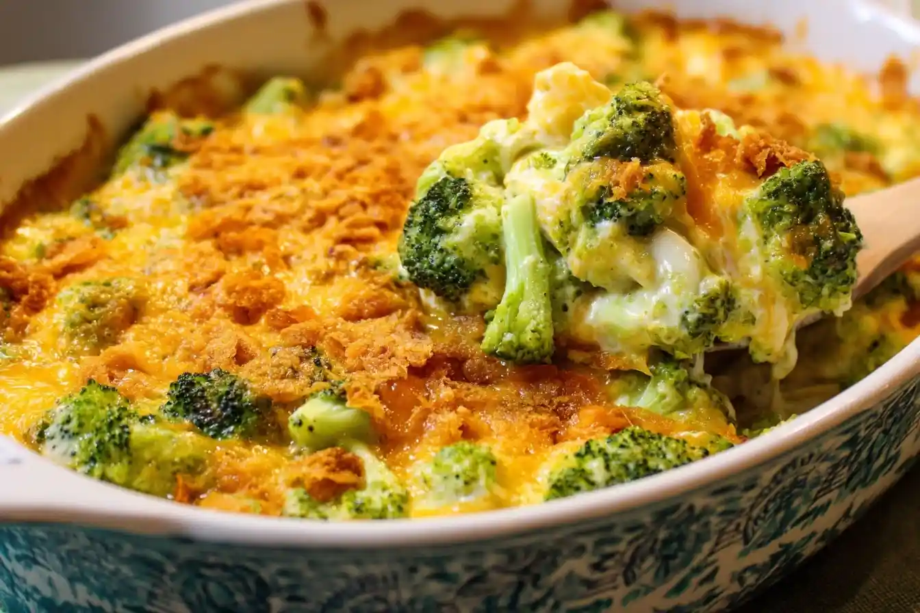 Wooden spoon lifting a scoop of cheesy broccoli casserole with a crunchy topping from a baking dish
