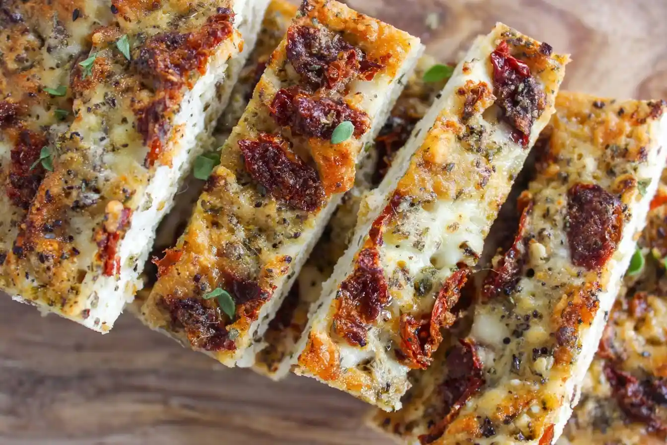 Overhead view of sliced sun-dried tomato focaccia bread topped with herbs and cheese on a wooden board.