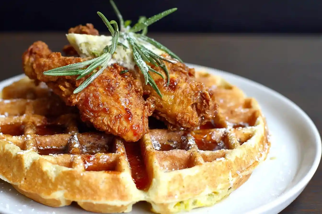 A close-up shot of crispy chicken and waffles on a white plate, garnished with a sprig of rosemary and drizzled with syrup.