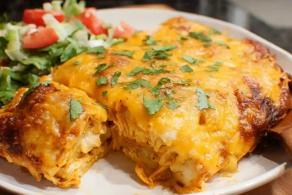 Slice of cheesy Chicken Enchilada Casserole garnished with cilantro on a plate next to a fresh salad.