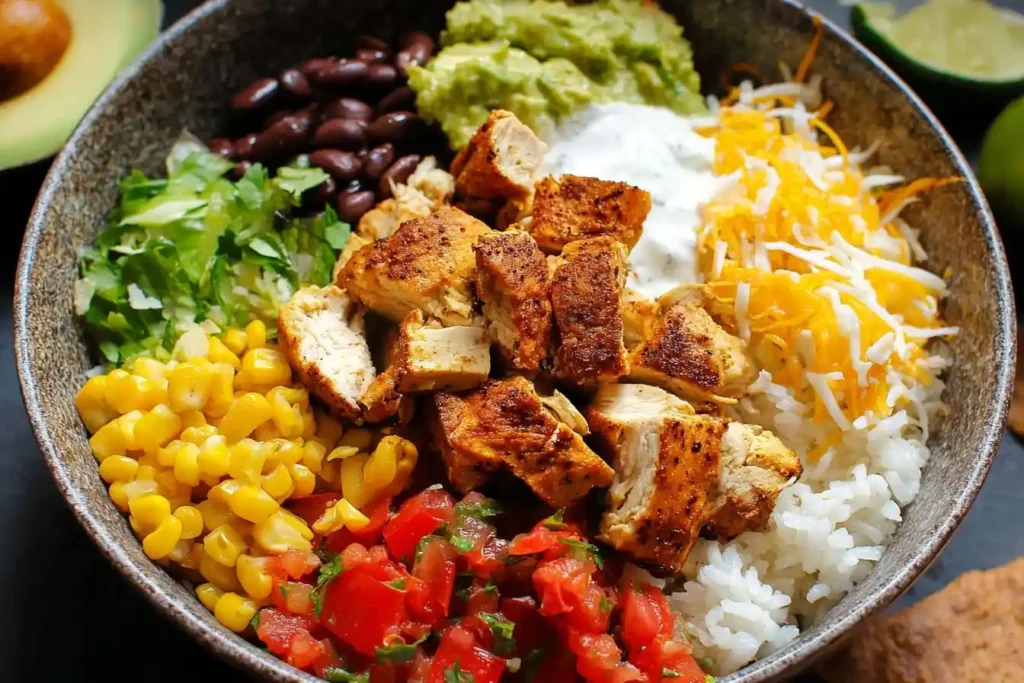 Overhead view of a loaded Chicken Burrito Bowl with grilled chicken, black beans, corn, rice, and fresh toppings.