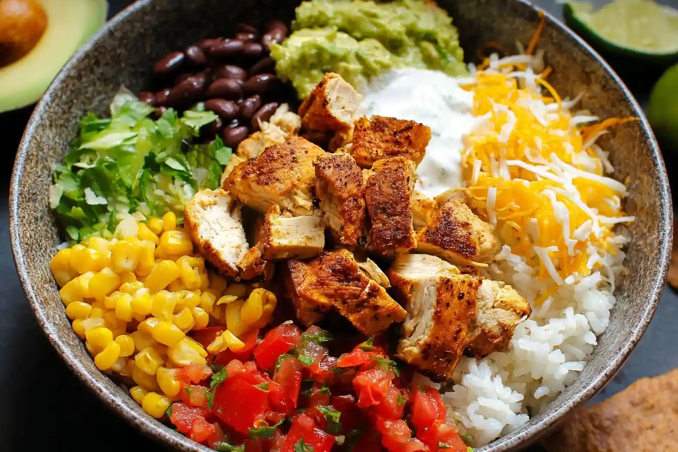 Overhead view of a loaded Chicken Burrito Bowl with grilled chicken, black beans, corn, rice, and fresh toppings.
