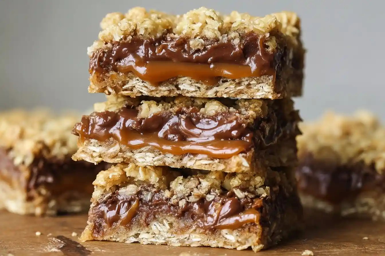 Stack of three gooey Carmelitas showing distinct layers of oatmeal, melted chocolate, and rich caramel.