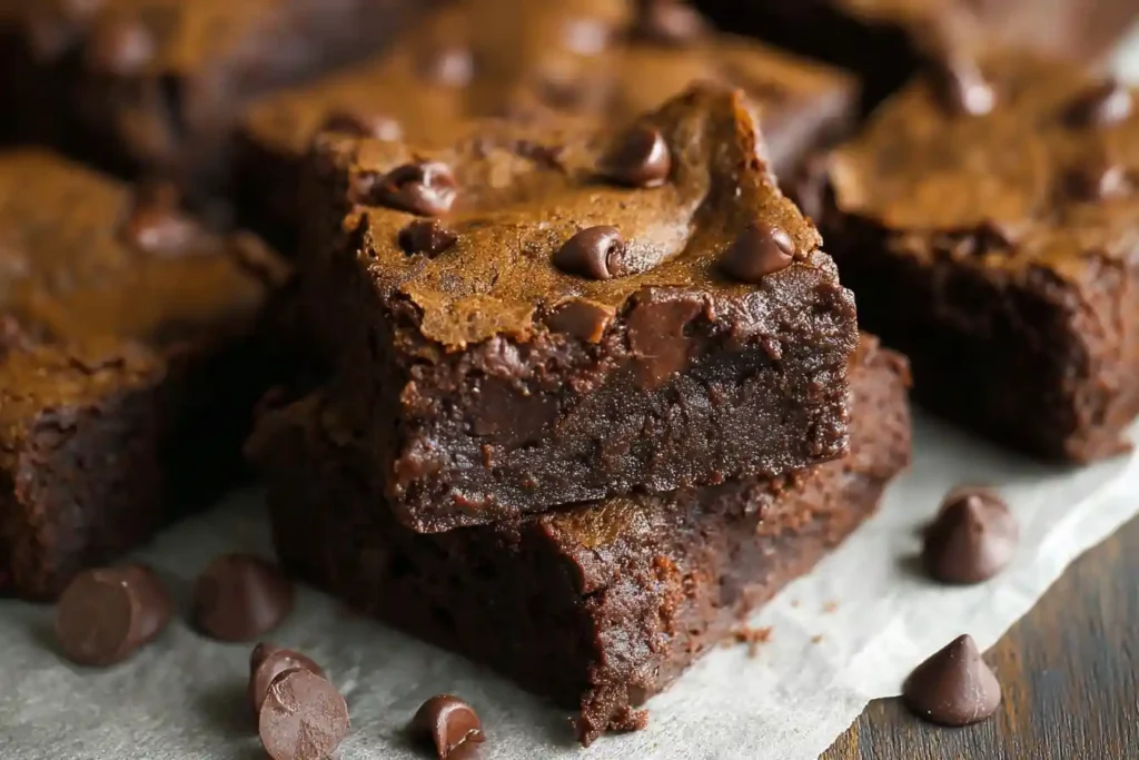 Close-up stack of two fudgy chocolate chip brownies on parchment paper with scattered chocolate chips.