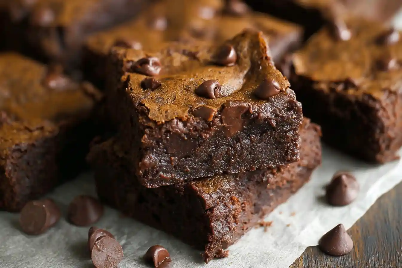 Close-up stack of two fudgy chocolate chip brownies on parchment paper with scattered chocolate chips.