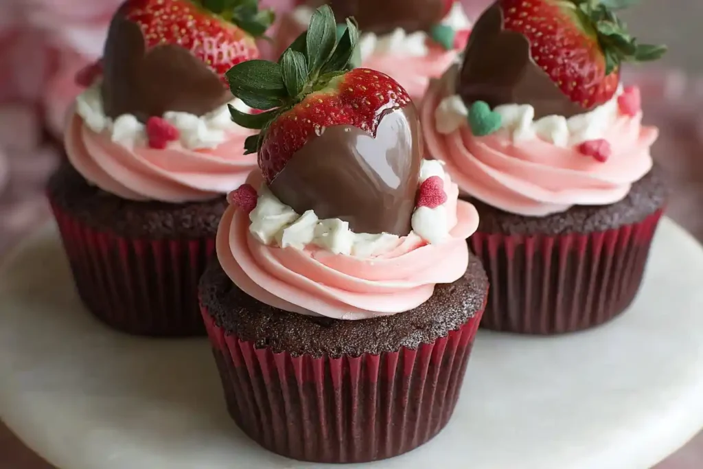 Three chocolate covered strawberry cupcakes with pink frosting and fresh dipped strawberries on a white stand.