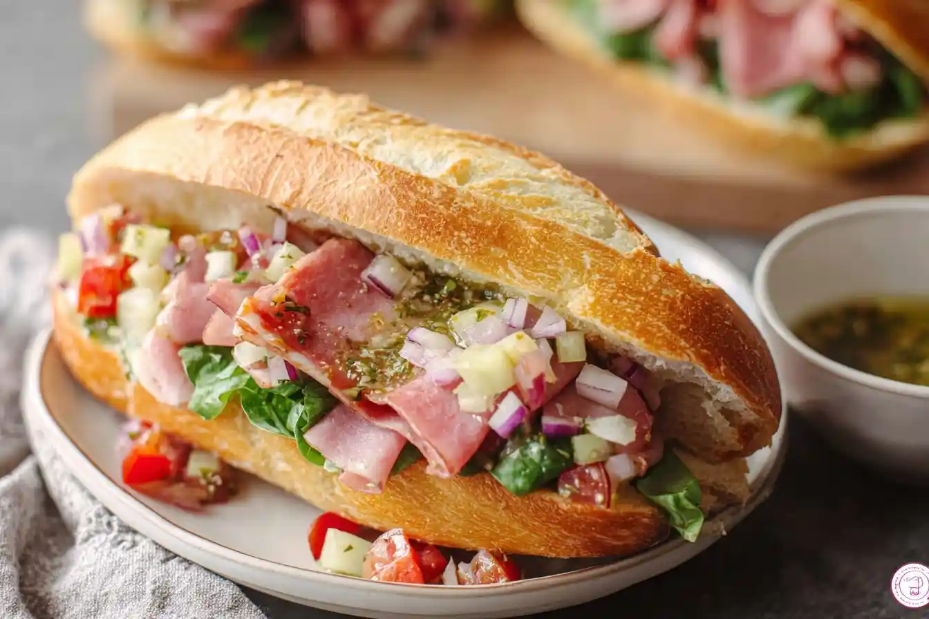 Close-up of a delicious Ham Sandwich on a baguette with sliced ham, greens, and chopped vegetable salsa